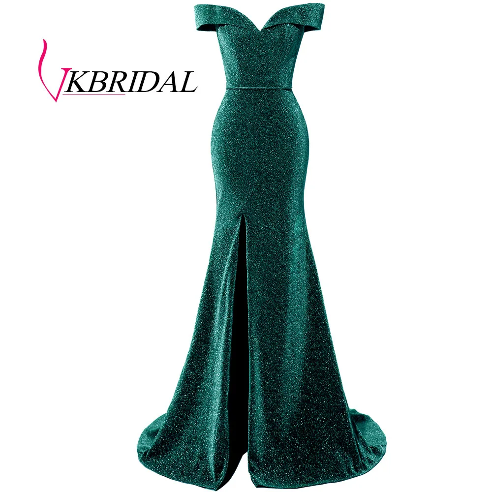 VKBRIDAL серое вечернее платье с открытыми плечами сексуальное блестящее платье с разрезом для выпускного вечера - Цвет: Зеленый