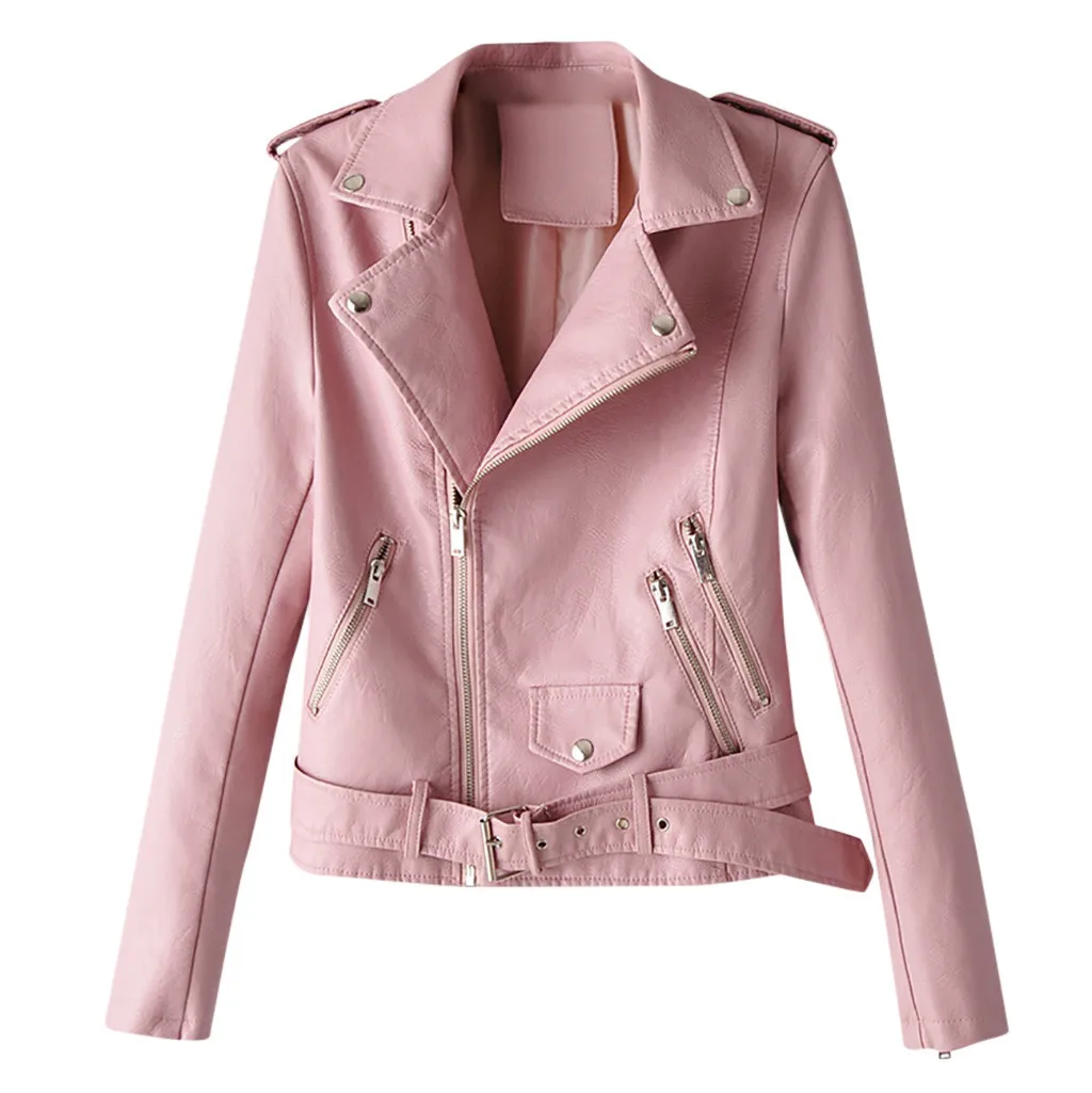 Pink (2) Кожаная куртка женская модная яркая черная мотоциклетная куртка Короткая байкерская куртка из искусственной кожи мягкая куртка женская# J30 - Цвет: Pink (2)