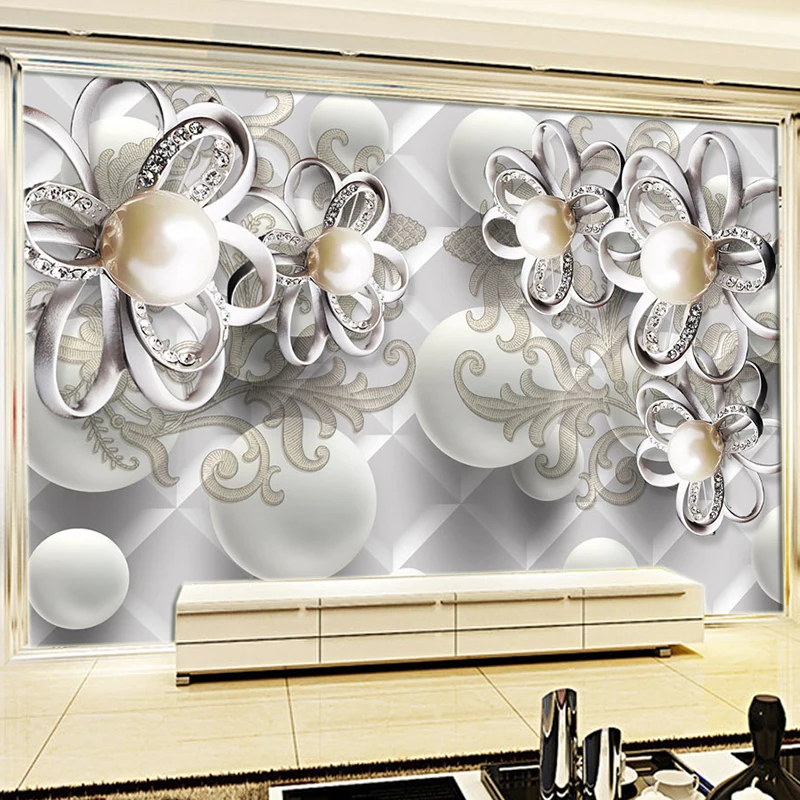 

Dropship Custom 3D Wall Murals European Style Embossed Pearl Diamond Flower Luxury Jewelry Wall Paper For Walls 3 D Home Decor