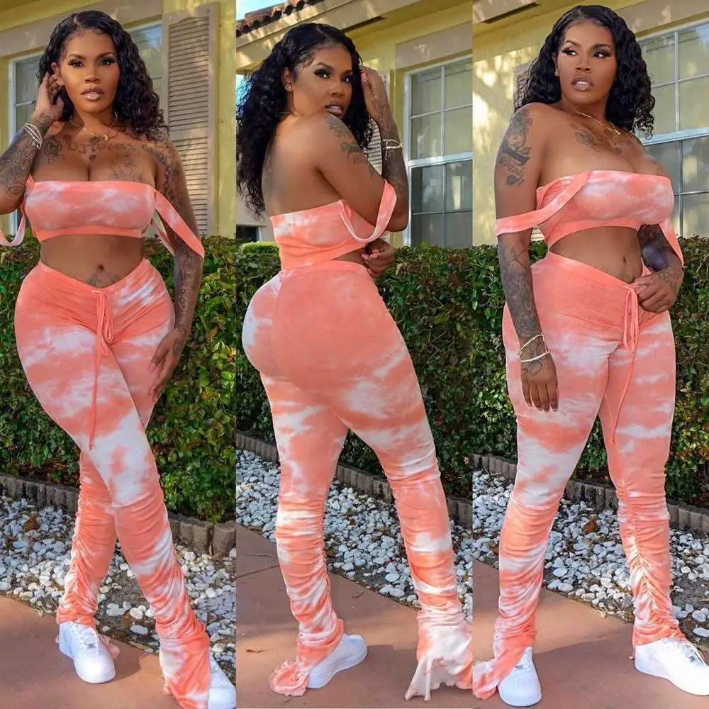 

BKLD Stacked Pants Leggings Women Pleated Flare Pant High Waist Trousers And Off Shoulder Crop Tops Tie Dye Two Piece Set Women