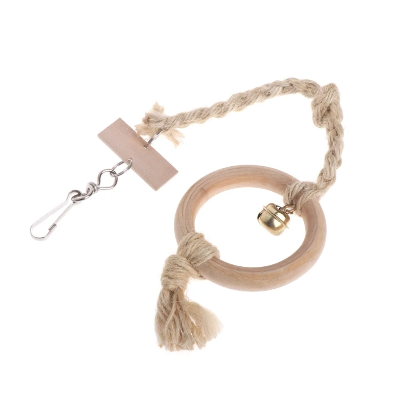 Parrot Bird Toys Swing Round Natural Wood Linen Rope Bell Hanging Cage Chew Bite
