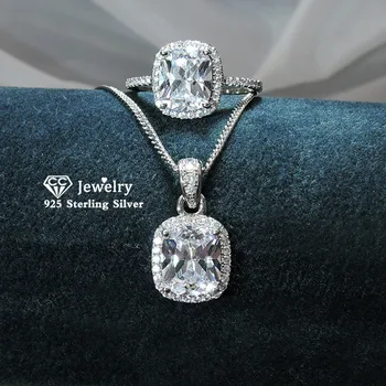 

CC Jewelry Sets For Women S925 Silver 7*9mm Ring Pendants Cubic Zirconia Rectangle Wedding Bridal Bijoux No Chain CCAS226