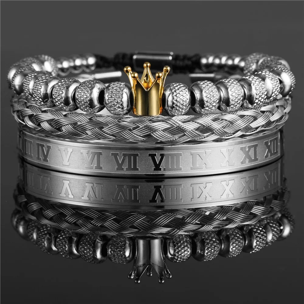 Stainless Steel Bracelet Jewelry Set For Men Luxury Royal King Crown Macrame Roman Couple Gift