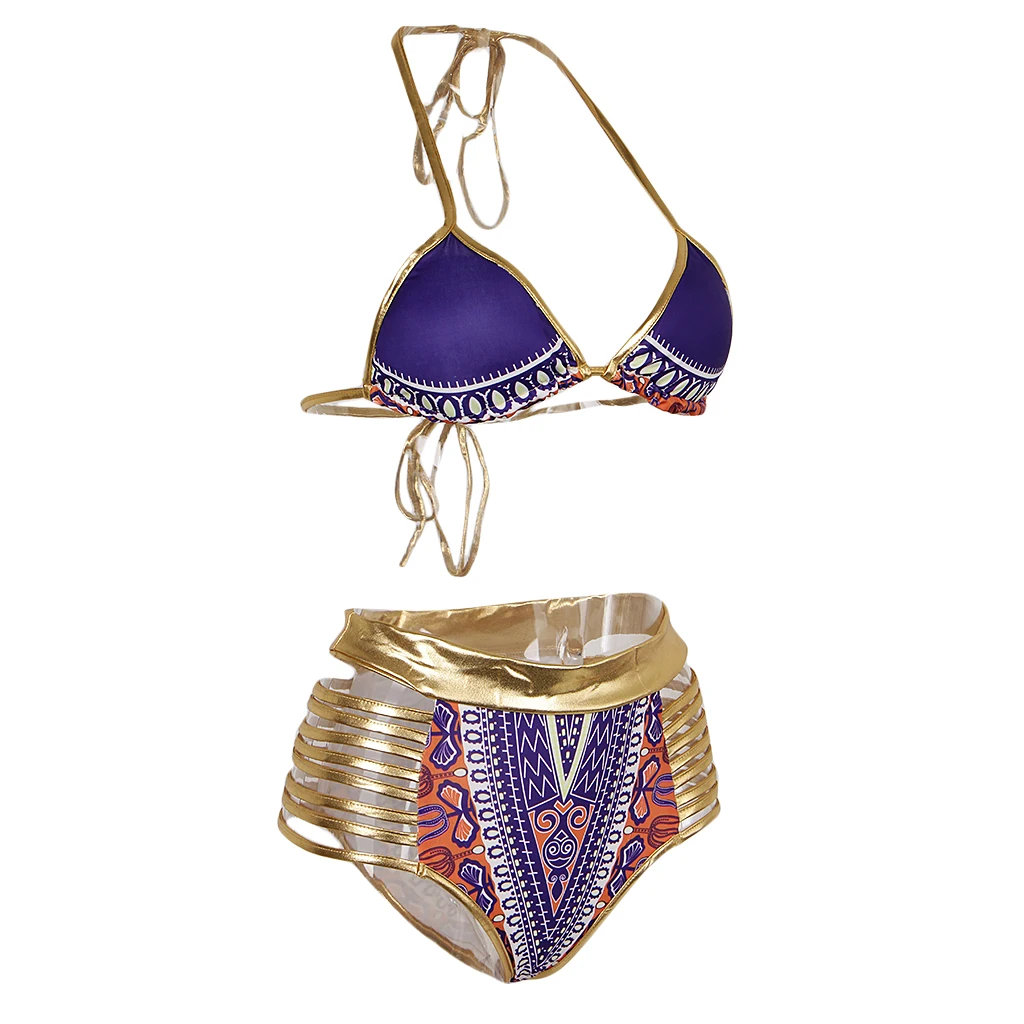 Vintage African Tribal Prints Bikini Swimsuit Bandage Swimwear Blue S Set of sexy swimsuit for women