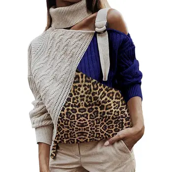 

Plus size dress apparel autumn Chic Women Turtle Neck One Shoulder Leopard Print Color Block Patchwork Sweater 2020
