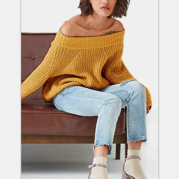 

Clothes Autumn Winter Sexy Three Quarter Pullovers Woman Sweaters Solid Fashion Sweater Computer Knitted Slash Neck