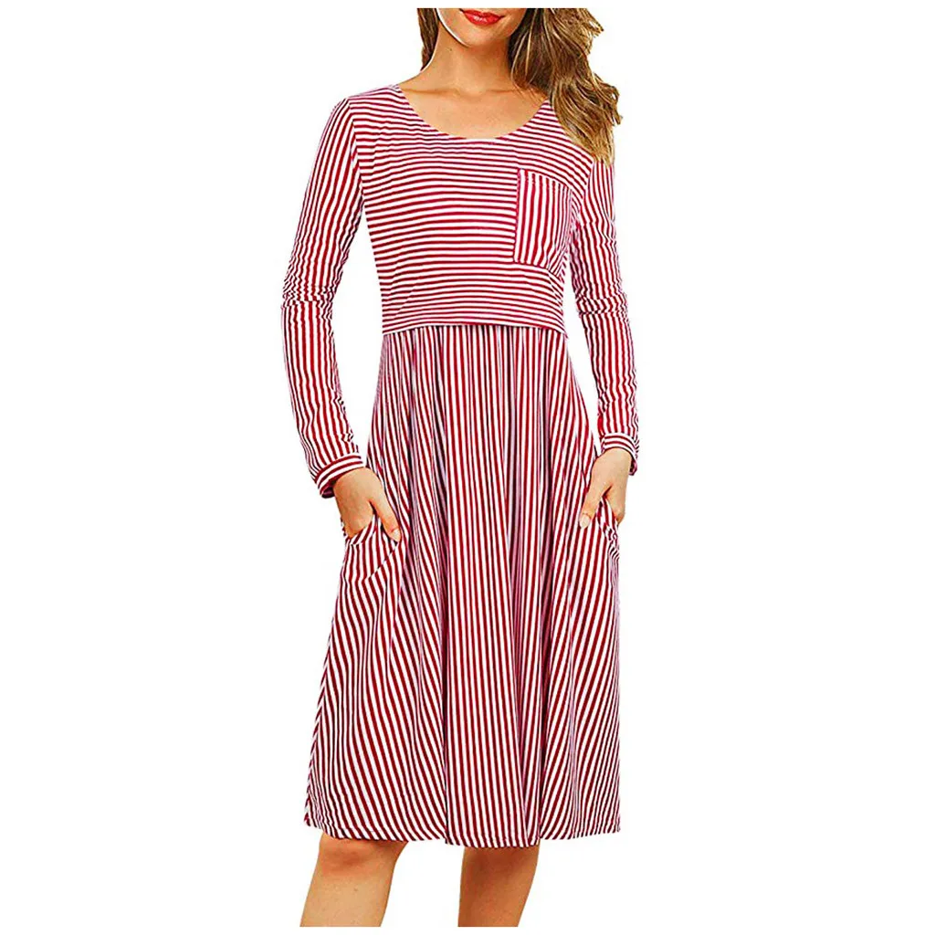 Maternity Dresses Vestidos Stripe with Pocket Nursing Pregnancy Dress For Pregnant Women Clothes Pink Winter Feeding Dress 19Nov