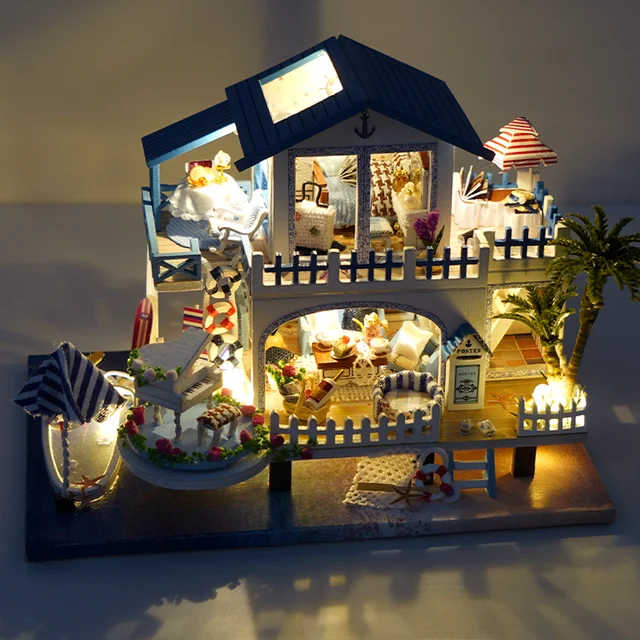 Mini DIY Wooden Doll House Kit Miniature Furniture Swimming Pool Casa Beach Cottage Dollhouse Toys for Children Girls Xmas Gifts 4