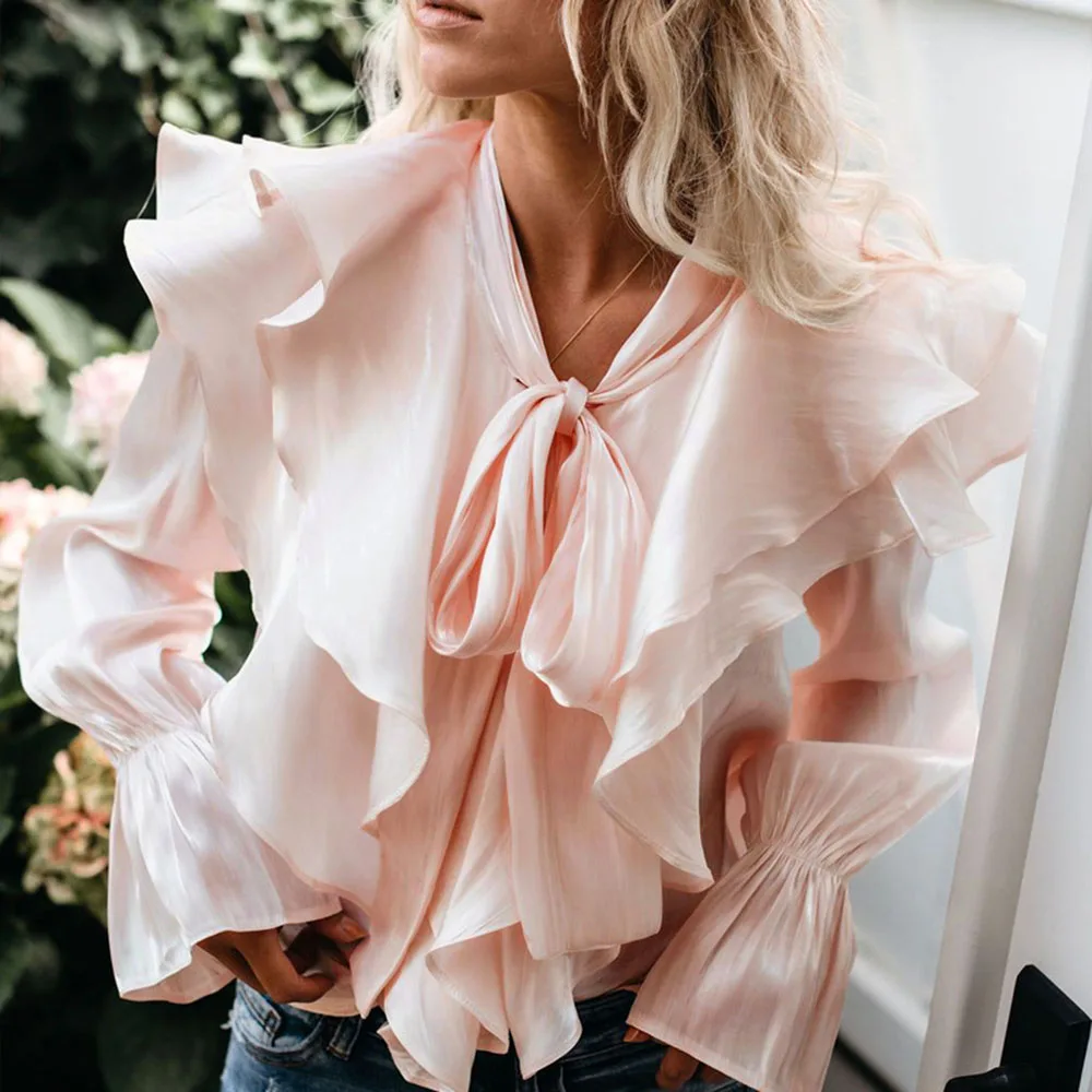 Boho Весна, Милая женская розовая блузка, Женский однотонный топ с рюшами и длинным рукавом, шикарные женские рубашки, офисные женские деловые блузки