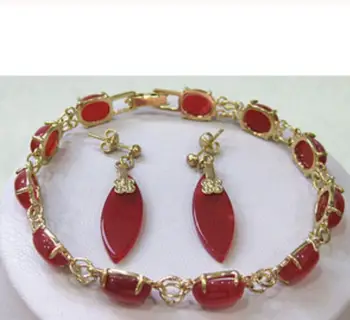 

hot sell new - Red Ruby Link Jewelry bracelet earrings set 18K gold plated watch wholesale Quartz stone CZ crysta