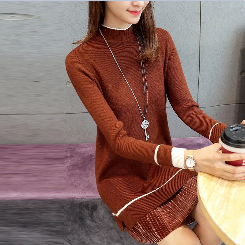 

Knitwear Autumn Winter Women Dress Elegant Turtleneck Pullover Sweater Dress Women Mini Dresses Patchwork Vestidos Mujer 2019