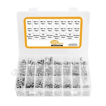 

520 Pcs Hex Socket Head Cap Screws Nuts, M3 M4 M5 M6 Hex Socket Head Cap Screws Assortment Set Kit with Storage Box