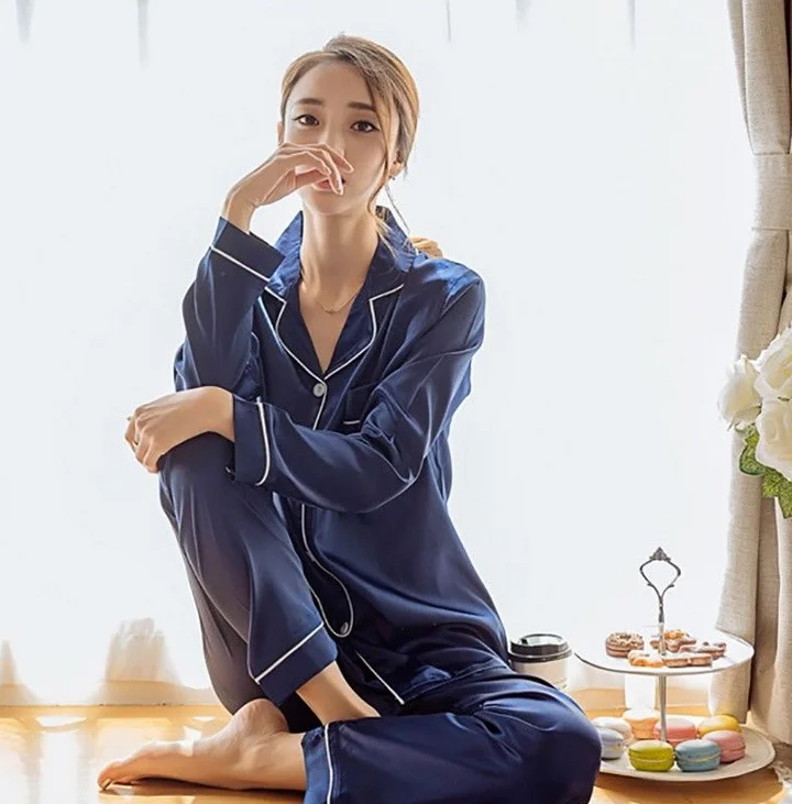 Осеннее Женское ночное белье, шелк, сатин, пижамный комплект, Повседневная Пижама с длинным рукавом, Пижамный костюм из 2 частей для женщин