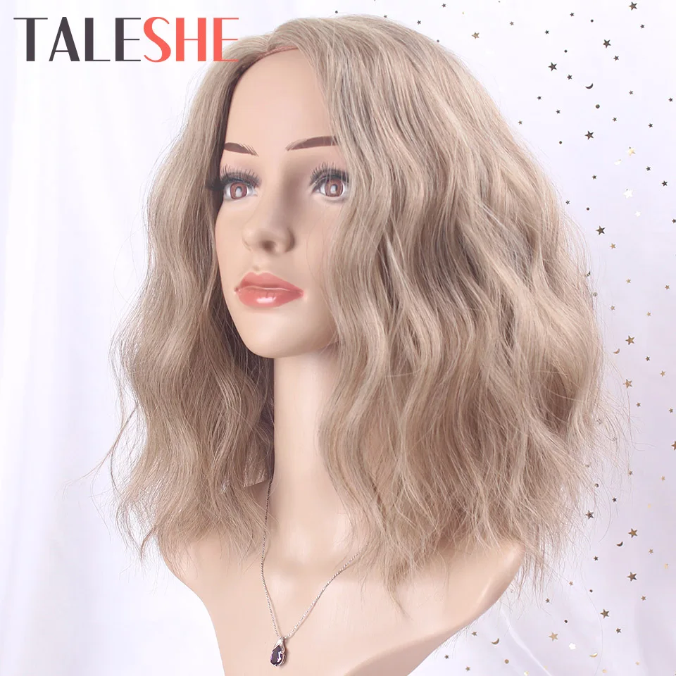 

TALESHE Water Wave Short Wig Mixed Ash Blonde and Brown 8Colors Side Part Synthetic Wigs for Black Women Pink Cosplay False Hair