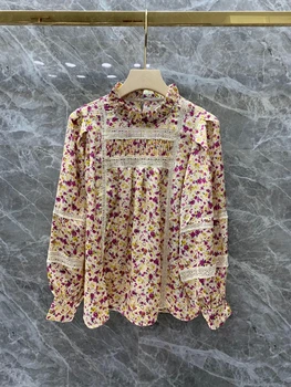 

2020 Early Autumn New Women's Pleated Small Stand Collar Small Floral Decorative Long Sleeve All-match Shirt 801