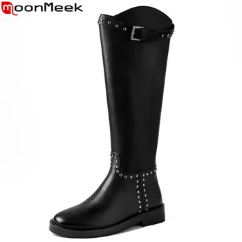 

MoonMeek 2020 New arrive high quality knee high boots low heel round toe buckle ladies shoes winter black color women boots