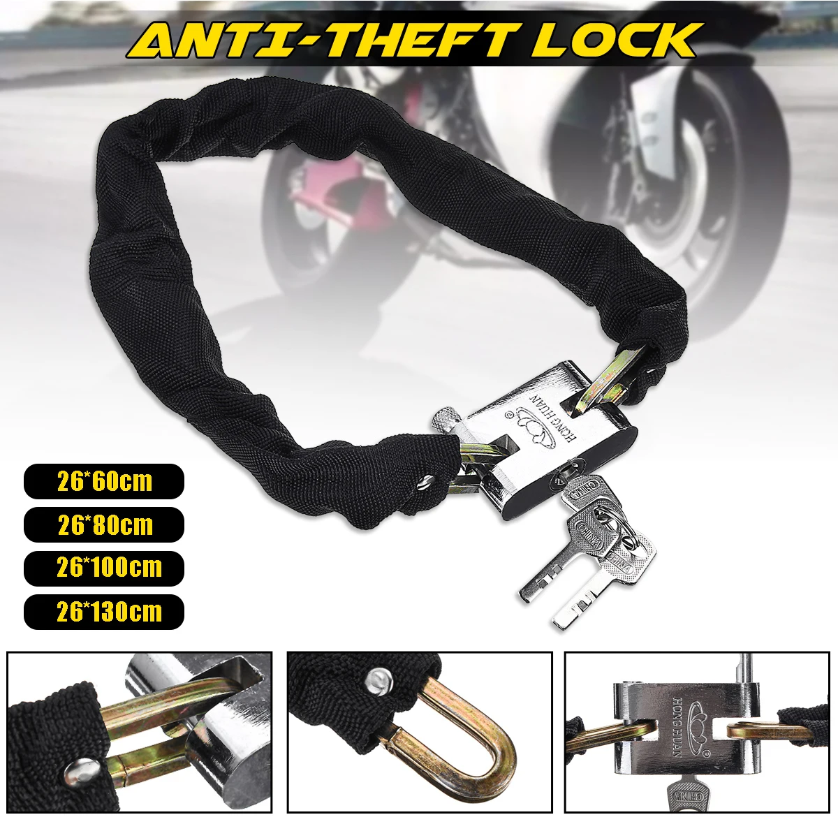 

26x130cm Reinforced Cloth Covered Square Head Anti-Theft Lock Bicycle E-Bicycle Motorcycle Chain Lock Bicycle Accessories 4 Size