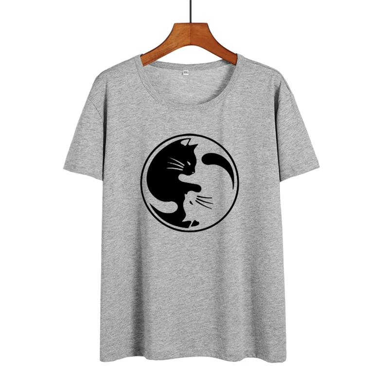 Фото Женская футболка с принтом кота Yin Yang милым кошки летняя одежда для влюбленных Женская футболка с принтом кота Yin Yang милым кошки летняя одежда для влюбленных