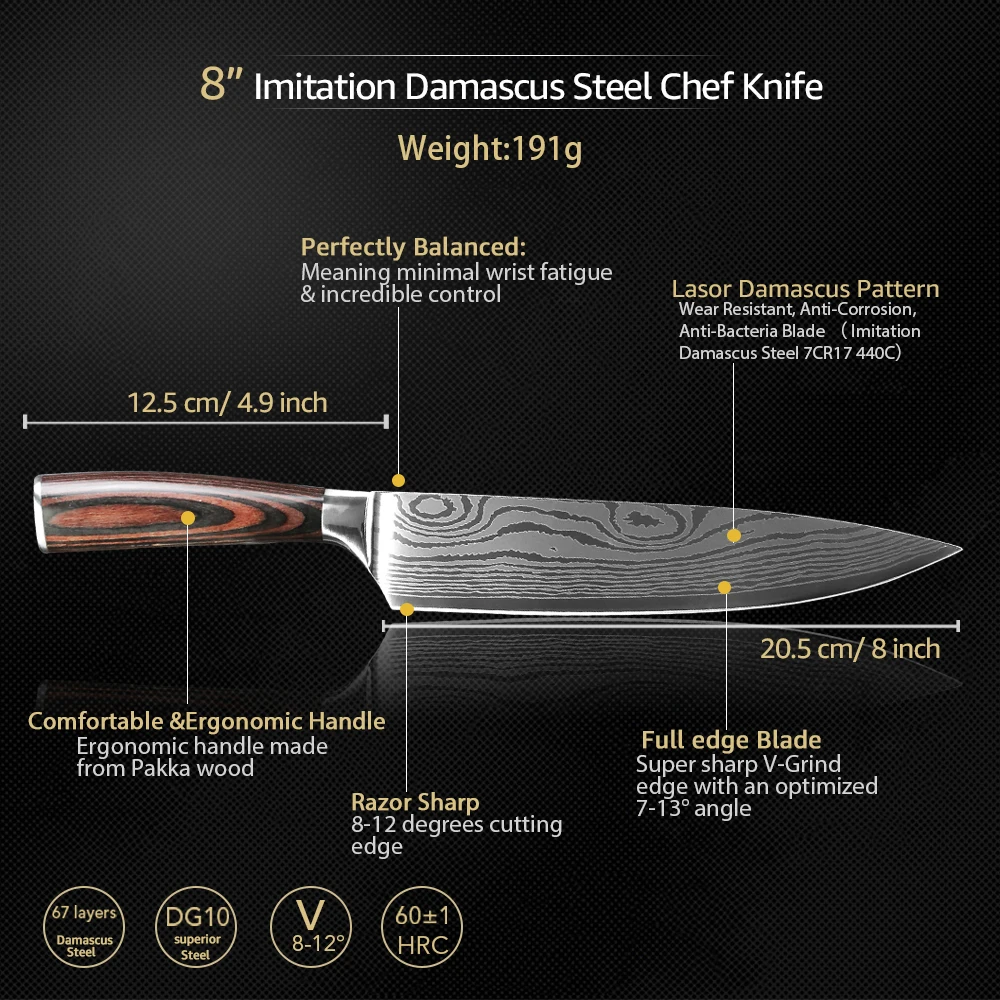 Kitchen Knife 9 set Chef Knives 7CR17 440C High Carbon Stainless Steel Damascus Drawing Gyuto Cleaver Set Slicer Santoku Knife
