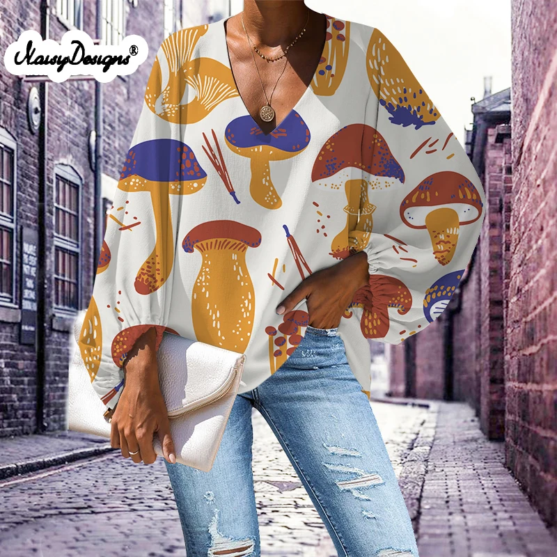 

Noisydesigns Mushroom Pattern 4XL Vintage Chiffon Shirt Womens Tops New Summer Sleeve Collar Shirts Dropshipping