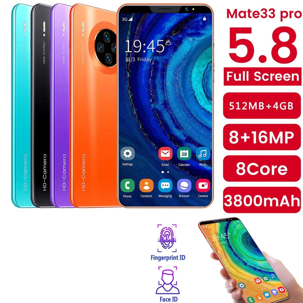 Mate33 Pro Smartphone with 512M+4GGB Large Memory 5.8 Inch Screen Support Face/Fingerprint Unlock Dual SIM Mobile Phones 2020