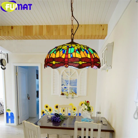 FUMAT Tiffany Style Dragonfly Single Pendant Lamps Stained Glass Hanging Light Fixture Green Blue Yellow Art Decoration Dia 16"