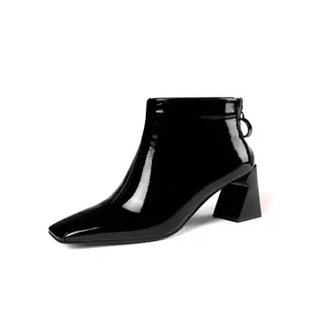 

New Classic Office Women Ankle Boots Autumn Winter Square High Heeled Chelsea Boots Genuine Leather Back Zipper Shoes Woman