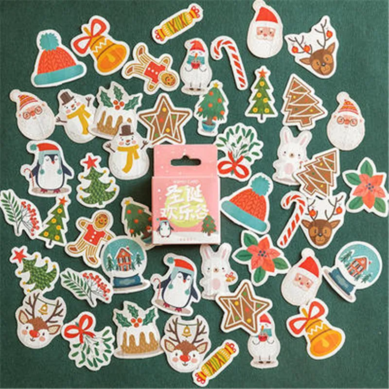 45 unids/caja de Navidad decorativos etiqueta feliz Santa Claus pegatinas en forma para bricolaje Scrapbook decoración de álbumes y diarios de papelería