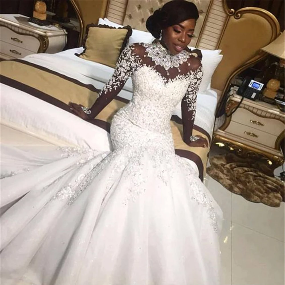 

High Neck Long Sleeves Mermaid Wedding Dress 2020 Lace Applique Beading Luxury Bridal Gown Plus Size Wedding Party Gowns