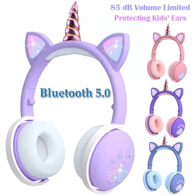 Детские Bluetooth наушники с единорогом светодиодная светящаяся стерео Музыкальная