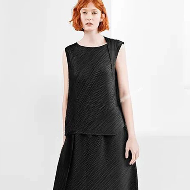 black Miyak Fold Летняя женская футболка, базовые плиссированные топы, модный нишевый дизайн, плиссированный однотонный Свободный Топ без рукавов T8999879 - Цвет: black