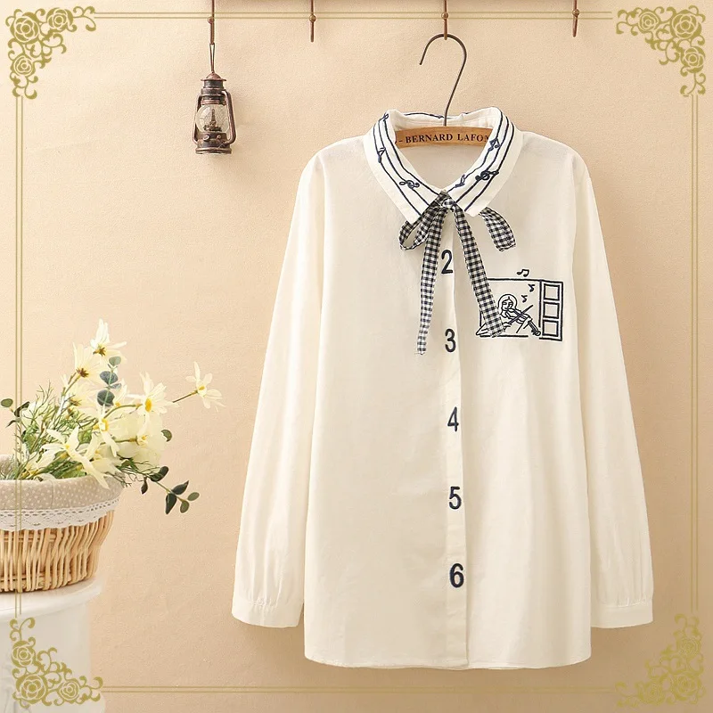 cheap Japanese style Mori Girl Line 2018 Spring Clothing New Style Music Notes Embroidered Neckline Bow Lace up with Numbers Embroider