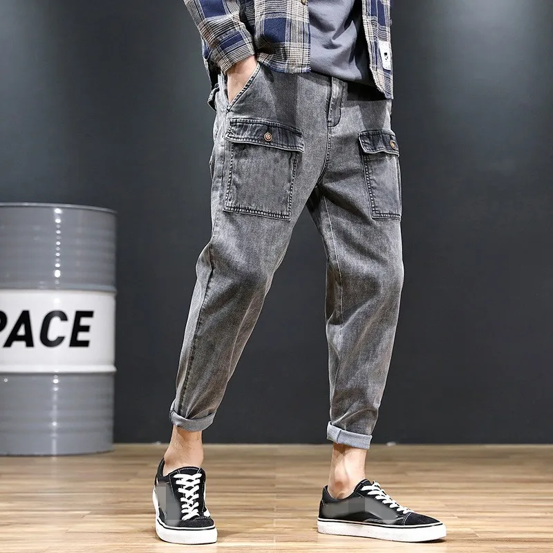 Винтажный эластичный модный стиль сафари мужские джинсовые штаны-шаровары летние тонкие повседневные свободные брюки длиной до щиколотки мужские брюки больших размеров
