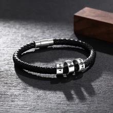 Personalized Mens Leather Bracelet with Custom Beads Braid Black Name Charm Bracelet with Family Names Armband pulsera hombre
