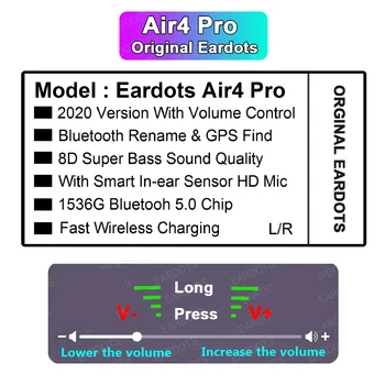 

Air4 Pro Tws Wireless Bluetooth Earphone Volume Control Super Bass Earbuds Light Sensor No cut off music Pk i90000 tws