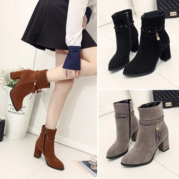 

PZMYCS Factory on sale thick heel genuine leather Patchwork short women boots pointed toe fashion ankle boots martin boots