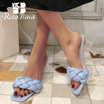 

RIZABINA New Fashion Shoes Sandals Open Toe Square Clear Heel Plaid Shoes Sandals Slides Outdoor Party Footwear Size 35-39
