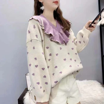 

2020 Autumn Winter Knitted Loose Ruffle Women Sweater Feamle Knit V-neck Pullover Ladies Cute Jumper Pull