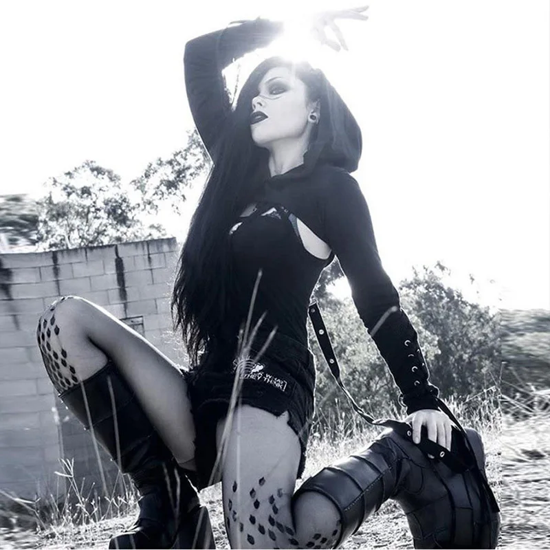 Fitshinling Goth Dark Harajuku Толстовка на шнуровке черная толстовка с капюшоном женская с длинным рукавом Осенняя укороченная толстовка с капюшоном Polerones Grunge