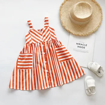 

2020 Summer Children's Clothing Girl's Dressins Style Suspender Dress Orange Striped Girls' Princess Dress 2-7y Kids' Clothing