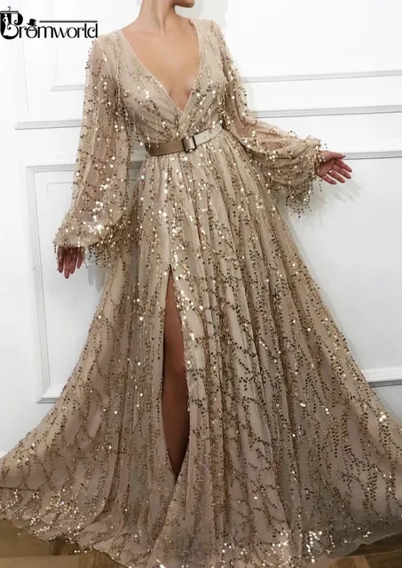 Sexy Slit Gold Evening Dresses 2021 Latest Fashion Sequins Lace Dubai Saudi Arabic Prom Gowns Long Sleeves Formal Party Dress 3