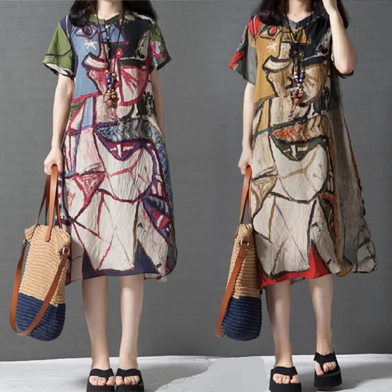 2020 из хлопка и льна с винтажным принтом женские повседневные свободные размера