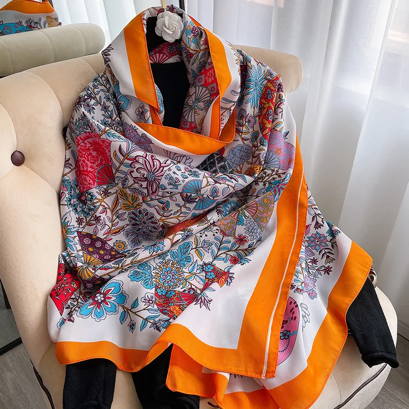 

2021 Autumn Women Silk Scarf Flower Printed Shawls Foulard Colorful Sun Protective Out Door Pashmina Female Luxury Neck Wrap