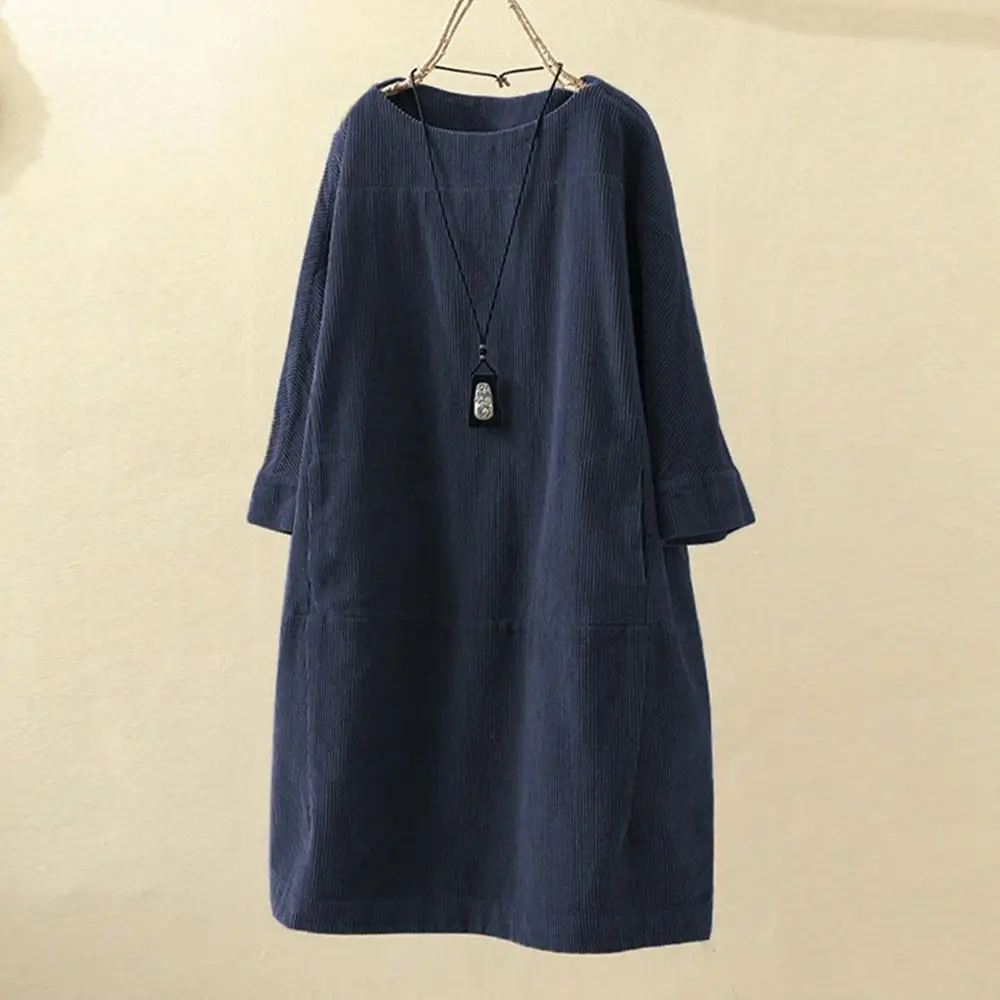 Ceny Wysokiej jakości sukienka sztruksowa damska jesienno zimowa 2019 vintage, z kieszeniami jednolity kolor, długi rękaw luźna sukienka na co dzień