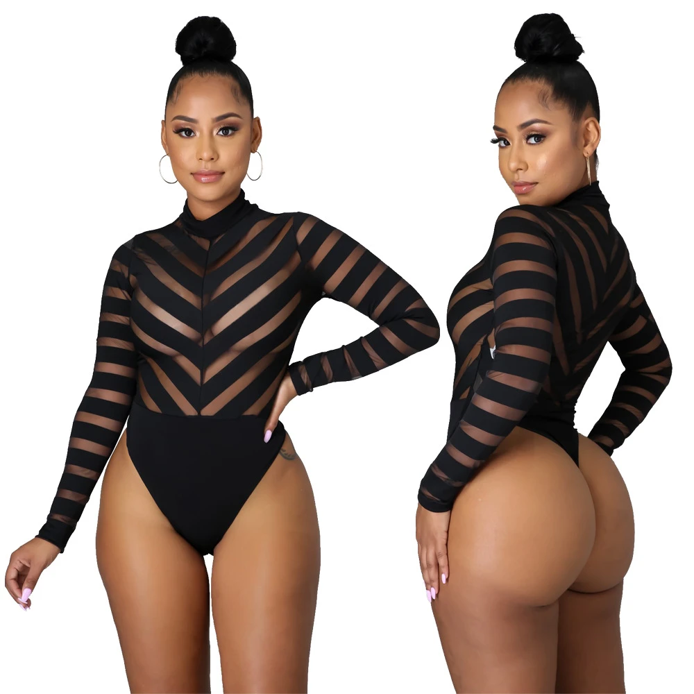 black bodysuit Bodysuit Women Black Mesh Patchwork See-through Full Sleeve Skinny Elastic Women Bodysuits Sexy Night Club Party Chothes 2021 bodysuit women