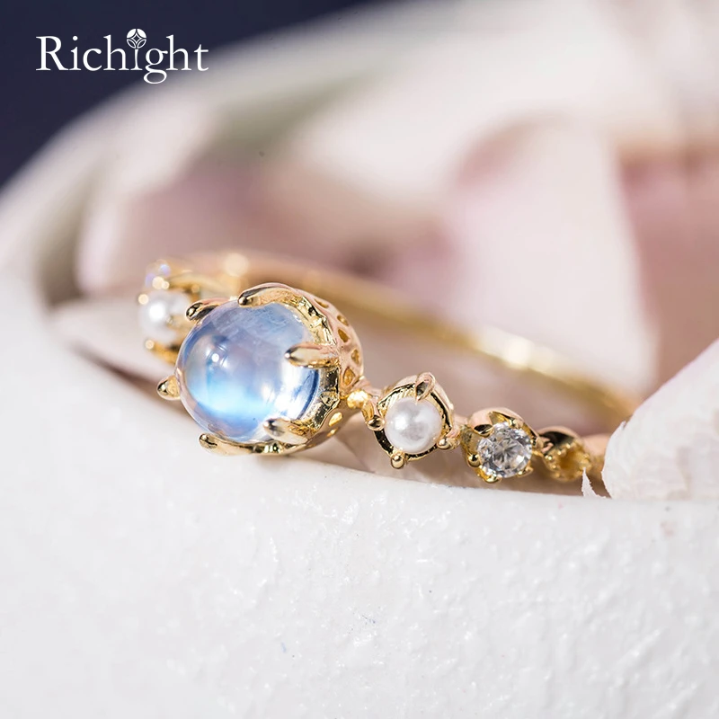 

Natural Blue Moonstone Ring Dainty Tiny Pearls and CZ Stone Diamond Ring Gold in Solid Sterling Silver Gemstone Engagement Rings