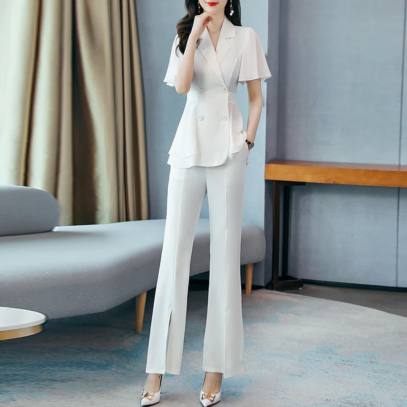 

Summer Casual Work Flare Split Pants Suits 2 Piece Set for Women Fashion Suit Short Sleeve Ruffle Blazer Pant Office Lady
