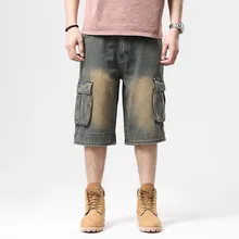 

Fashion Summer Cargo Shorts Men's Casual Denim Boardshorts Straight Loose Baggy Wide Leg Big Pocket Streetwear Hiphop Clothing