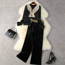 

Elegant Lady Autumn Winter 2 Piece Pants Set Women Fashion Long Sleeve Ruffles Velvet Top and Trousers Suits Office Outfits
