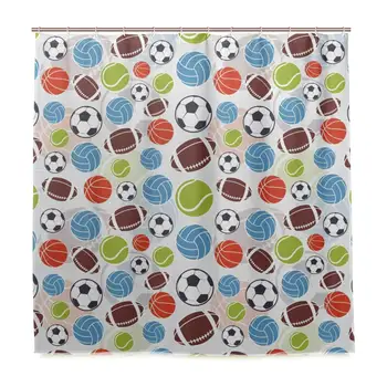 

Shower Curtain, Sports Balls Pattern Abstract Basketball Football Volleyball Tennis Colorful Elements Customized Bathroom Shower